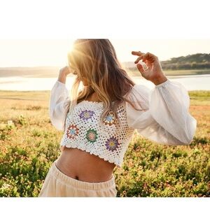 Aerie Floral Crochet Top - White, Pink, Yellow, Blue